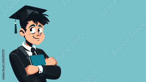 copy space, comic style image, vector illustration, Boy in graduation gown vector image. Graduate in graduation caps. High school graduation. Beautiful illustration for poster.