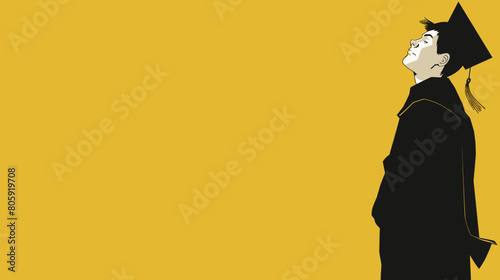 copy space, comic style image, vector illustration, Boy in graduation gown vector image. Graduate in graduation caps. High school graduation. Beautiful illustration for poster.