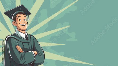 copy space, comic style image, vector illustration, Boy in graduation gown vector image. Graduate in graduation caps. High school graduation. Beautiful illustration for poster.