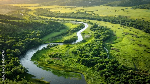 Aerial view of a winding river flowing through a lush green landscape