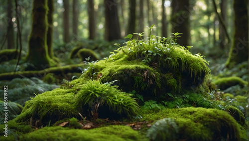 Mossy Forest Charm  Encounter a Stone Enveloped in Lush Green Moss  Enhancing the Wild Beauty of the Landscape.