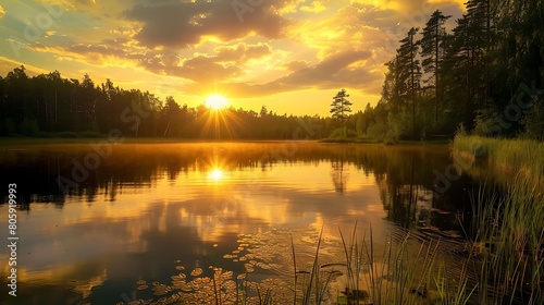 A tranquil scene unfolds as the golden hues of sunset dance upon a serene lake, reflecting the quiet beauty of nature