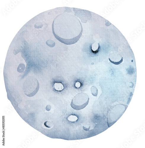 Hand drawn moon watercolor.Night sky.Solar system