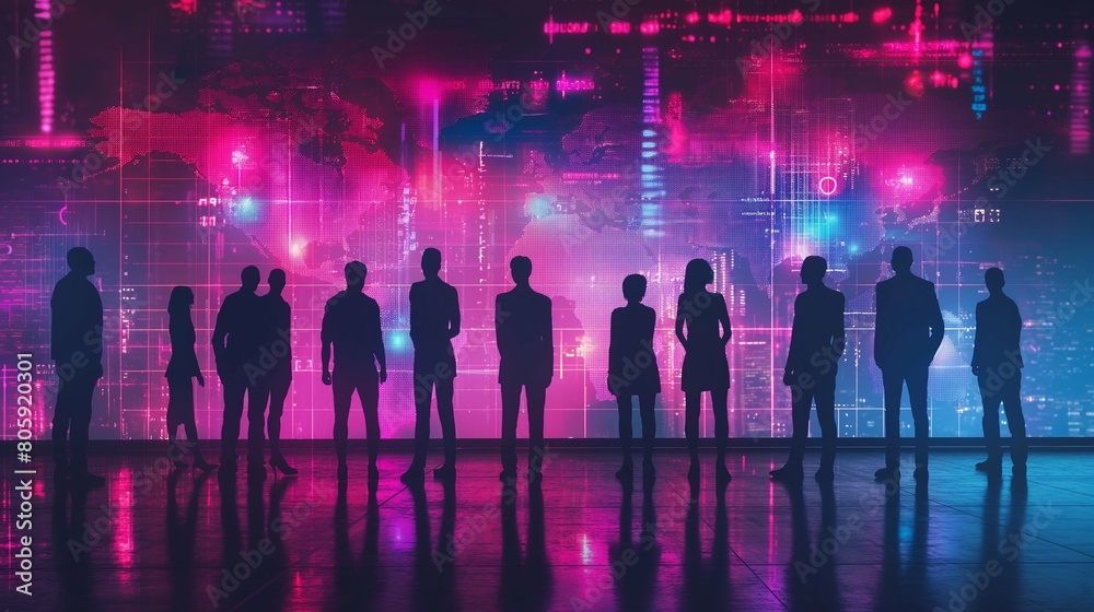 Group of business people in silhouette standing and talking, digital screen displaying graphs of global data and a world map, a futuristic neon background, in the style of digital technology concept