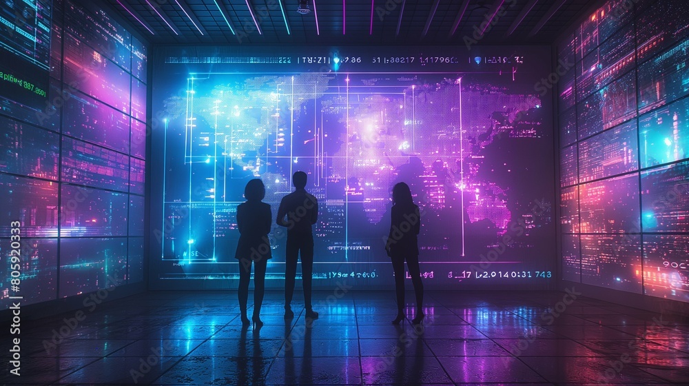 group of business people in silhouette standing and talking, digital screen displaying graphs of global data and a world map against a futuristic neon background, in the style of digital technology