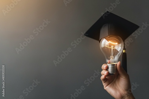Hand holds a light bulb with a graduation hat on a grey background, concept of education and knowledge for success in life. Text space on the right side. Black tassel on the cap and a world map inside photo