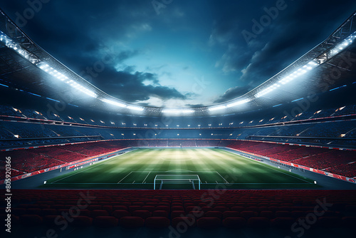 An awe-inspiring 3D-rendered modern football stadium boasting floodlights illuminating the field, VIP boxes accommodating hundreds of thousands of passionate fans.