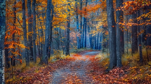 Autumn Forest Path with Fallen Leaves: A Symphony of Hues Leading through Enchanted Woods