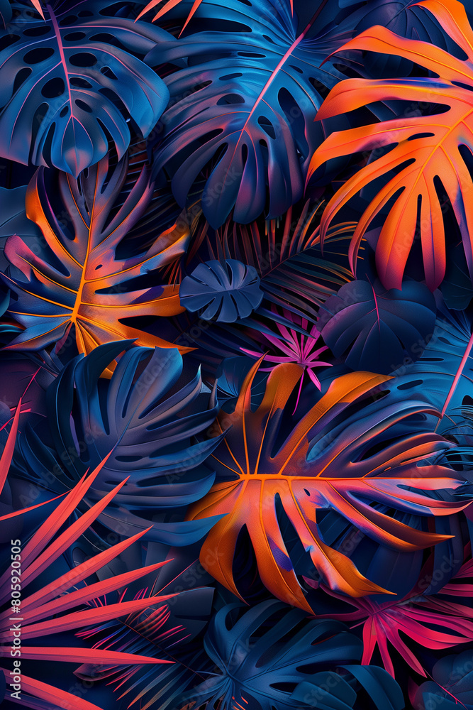 Tropical nature leaves with neon light abstract background Tropical nature leaves with neon light abstract background