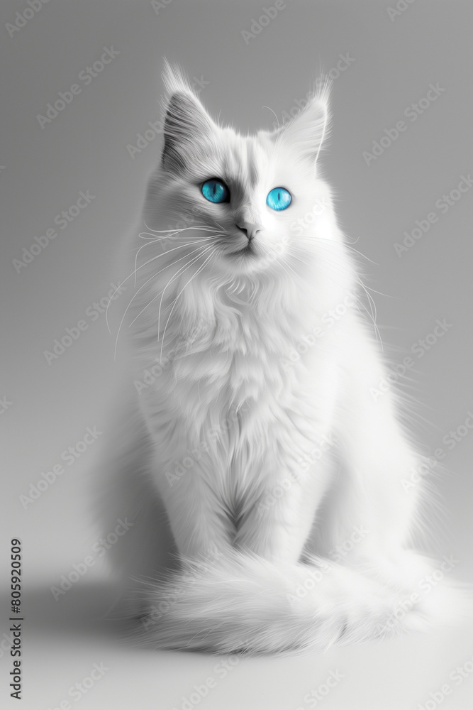 Impressive white Siberian cat with bright blue eyes sitting on gray wall background