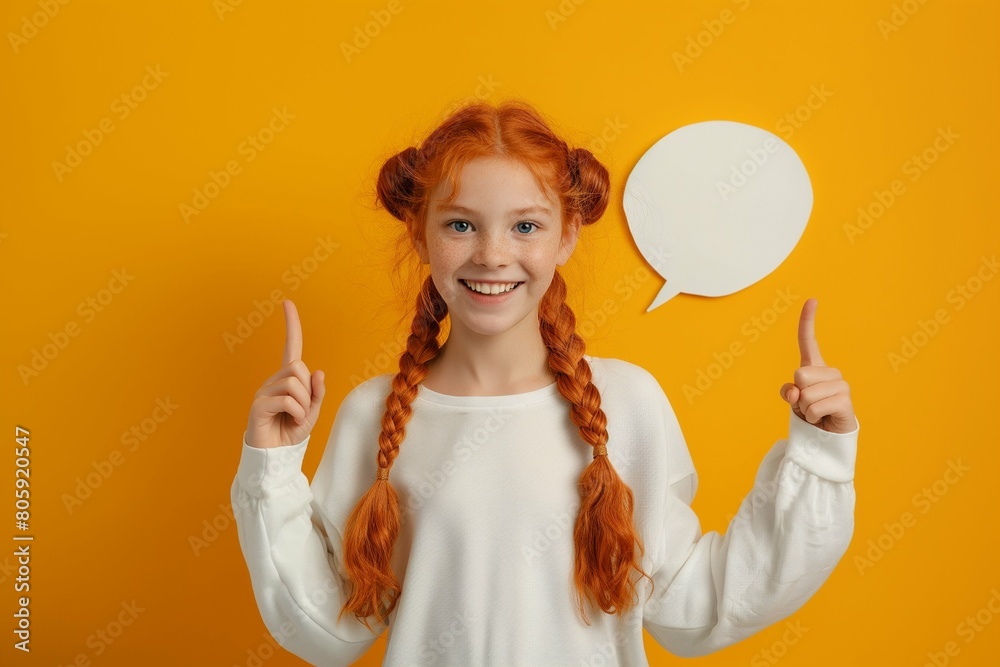 Happy red hair girl holding white speech bubble above her head isolated on yellow background, pointing finger at it Happy red hair girl holding white speech bubble above her head isolated on yellow background, pointing finger at it