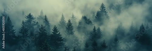Aerial view of fir trees in dense fog, styled with an old-school hipster film look photo