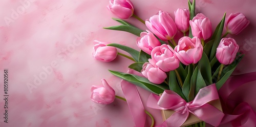 Tulips flower bouquet  pink gift box and ribbon on a pastel background. A happy Women s Day or Mother day concept banner  poster or greeting card template in the style of a pastel background. 