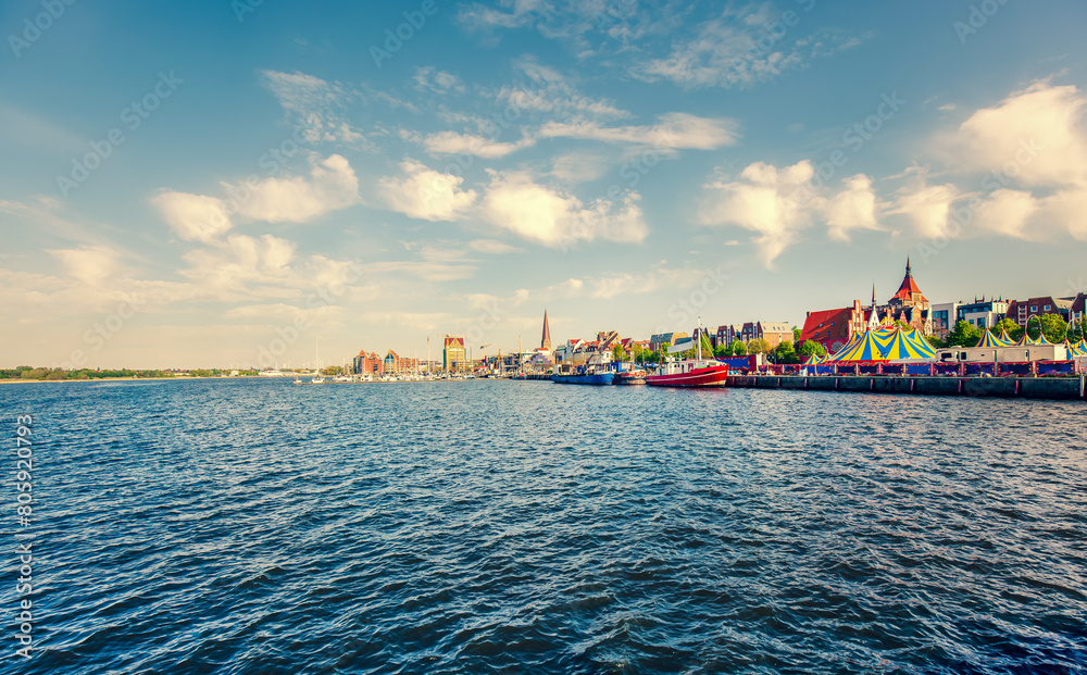 Naklejka premium City Harbor of Hanseatic city of Rostock with River Warnow. Mecklenburg Western Pomerania 