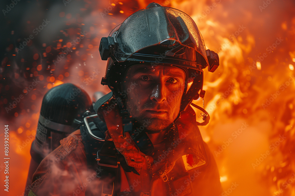 Close-up portrait of a firefighter, wearing helmet, with a fire on the background Close-up portrait of a firefighter, wearing helmet, with a fire on the background