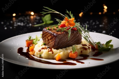 Gourmet steak dish with mashed potatoes and garnish