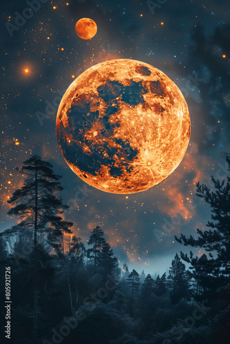 Huge full red moon at night with lights from stars under the forest