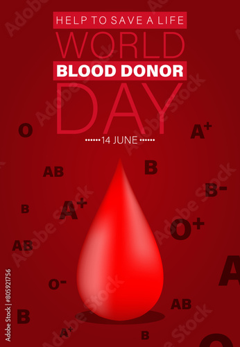 Vector illustration of donate blood vertical poster design. Blood donor day, drop of blood with blood groups sign medical health care.