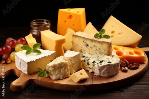 Assortment of gourmet cheese on wooden board