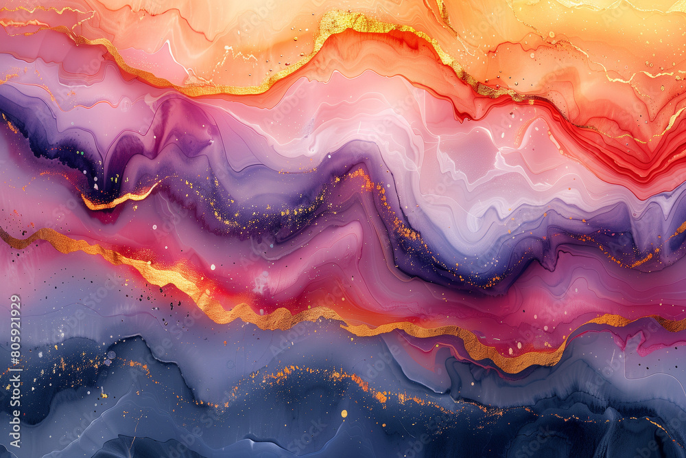 Watercolor paint of murble background illustration. Dark blue, violet, pink, orange colors and golden lines with liquid fluid marbled texture Watercolor paint of murble background illustration. Dark blue, violet, pink, orange colors and golden lines with liquid fluid marbled texture
