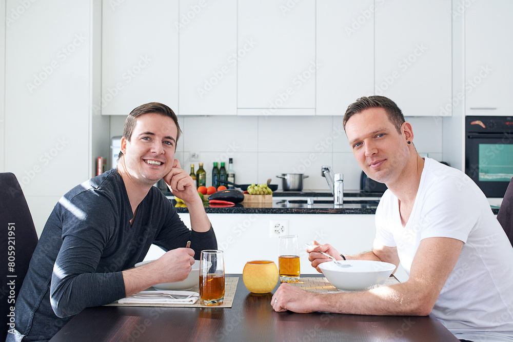 Food, gay couple and home kitchen for breakfast, meal and bonding time on weekend. Partnership, married and male people in house for eating, nutrition and smile or portrait for lgbt relationship Food, gay couple and home kitchen for breakfast, meal and bonding time on weekend. Partnership, married and male people in house for eating, nutrition and smile or portrait for lgbt relationship