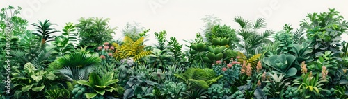 A lush green jungle with many different types of plants and flowers