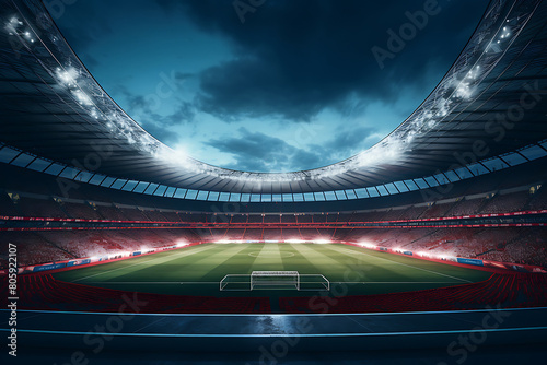 An awe-inspiring 3D-rendered modern football stadium boasting floodlights illuminating the field, VIP boxes accommodating hundreds of thousands of passionate fans. © SS GRAPHICS