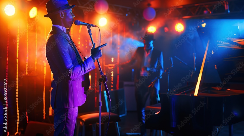 Fototapeta premium Male jazz singer sings jazz songs on stage at night in jazz club. that makes a difference