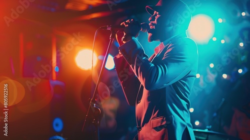 Male jazz singer sings jazz songs on stage at night in jazz club. that makes a difference photo