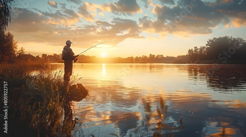 Peaceful Solitary Fishing at Tranquil Sunrise Lakeside Landscape