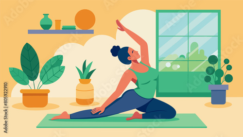 An illustration of someone stretching in a sunny yoga studio surrounded by plants and natural light..