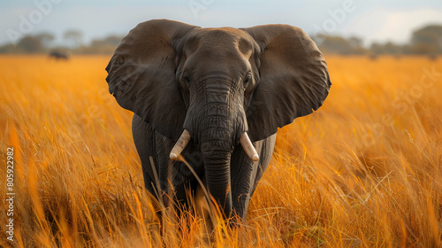 Big elephant walking on dry grass of savannah