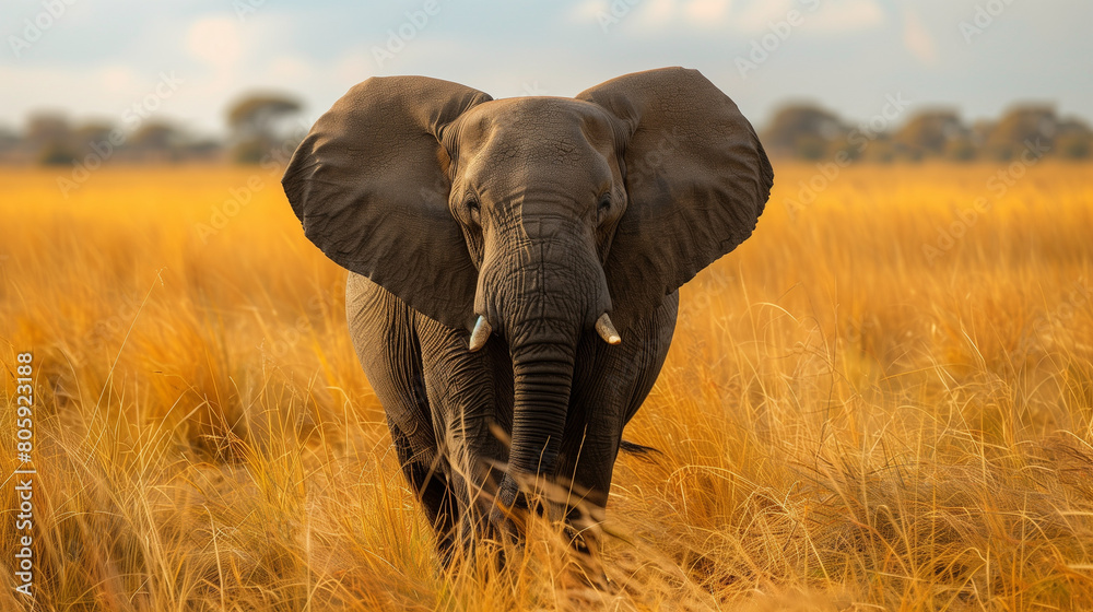 Fototapeta premium Big elephant walking on dry grass of savannah