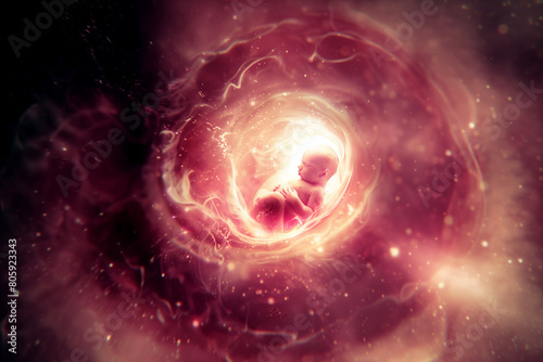 Human fetus baby concept inside pregnant woman's belly. Unborn baby embryo during pregnancy