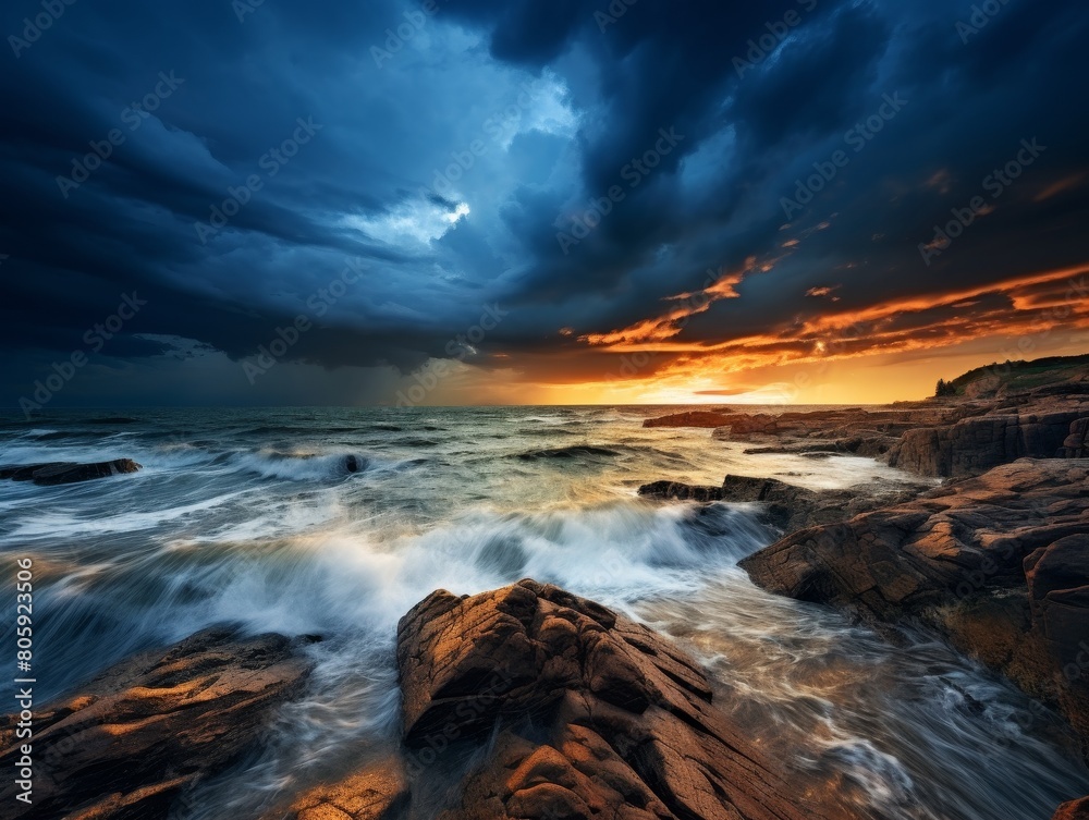 Fototapeta premium Dramatic sunset over crashing waves on rocky coastline