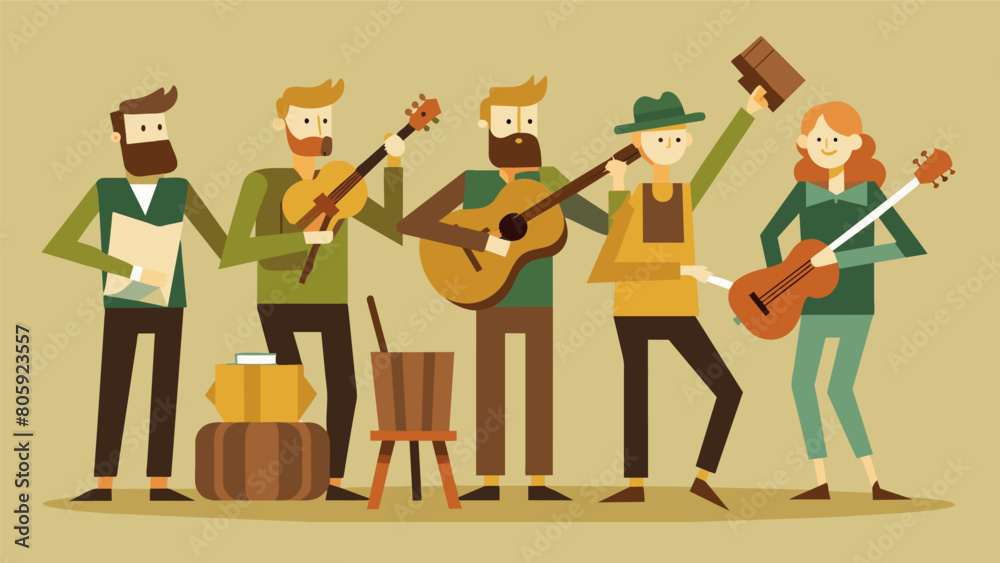 A quartet of musicians serenading a crowd with instruments crafted from reclaimed wood and recycled materials.. Vector illustration A quartet of musicians serenading a crowd with instruments crafted from reclaimed wood and recycled materials.. Vector illustration