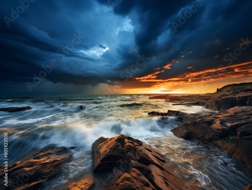 Dramatic sunset over crashing waves on rocky coastline
