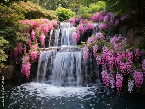 Serene waterfall surrounded by vibrant pink flowers