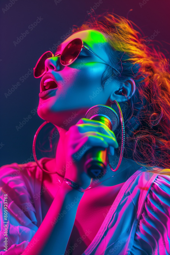 A Beautiful Woman In Glasses Singing Into A Microphone On Colorful Vibrant Neon Lights A Beautiful Woman In Glasses Singing Into A Microphone On Colorful Vibrant Neon Lights