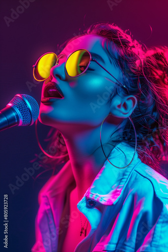 A Beautiful Woman In Glasses Singing Into A Microphone On Colorful Vibrant Neon Lights