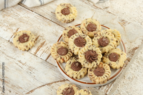 Chocolate Butter Cookies or Chocolate tart biscuits,Popular cookies during celebration of Eid Mubarak (Hari Raya) on table