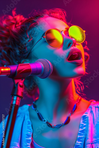 A Beautiful Woman In Glasses Singing Into A Microphone On Colorful Vibrant Neon Lights