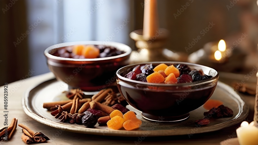 A festive holiday table setting with bowls of dried fruit compote, spiced with cinnamon and cloves, adding warmth and flavor to the occasion A festive holiday table setting with bowls of dried fruit compote, spiced with cinnamon and cloves, adding warmth and flavor to the occasion