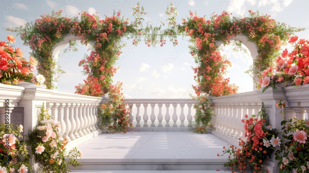 A beautiful garden with a white archway and a white railing
