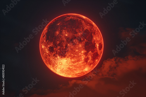 A huge red moon, bloody full moon on the clouds