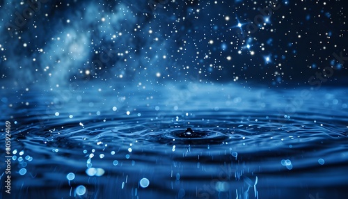 blue water surface with ripples and stars in the sky, creating an ethereal atmosphere