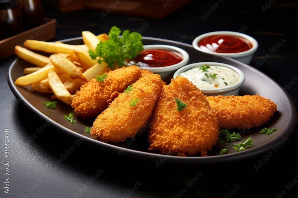 Delicious breaded chicken tenders with french fries and dipping sauces Delicious breaded chicken tenders with french fries and dipping sauces