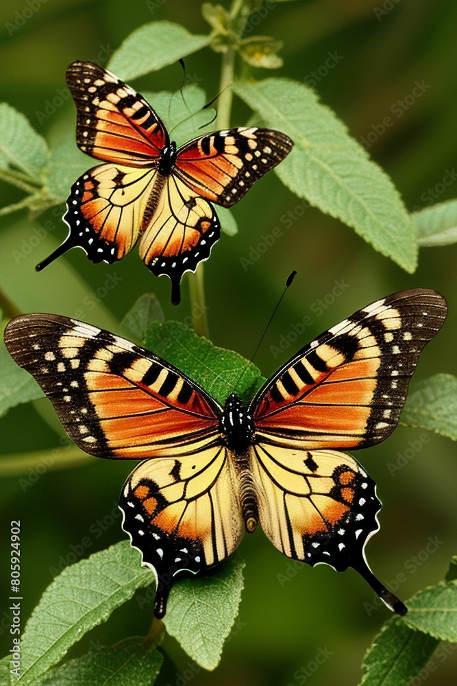 Two butterflies perched on a plant leaf, interacting as pollinators in nature Two butterflies perched on a plant leaf, interacting as pollinators in nature