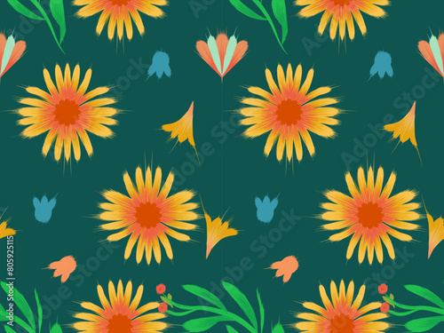 Ikat dand drawn cute small flower fabric  seamless pattern on background. for fashion, prints decoration, flower fabric, wallpaper and all prints on background earth tone color.