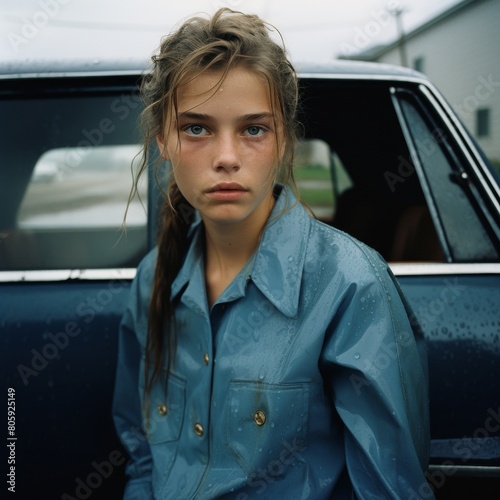 young woman in blue raincoat standing by car